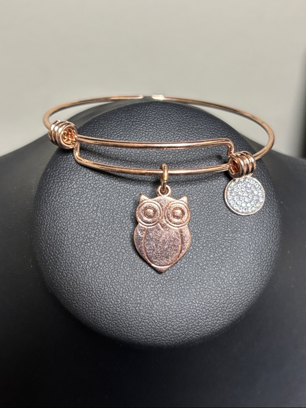 Rose Gold Tone Owl Rhinestone Charm Bangle Adjustable Blanket